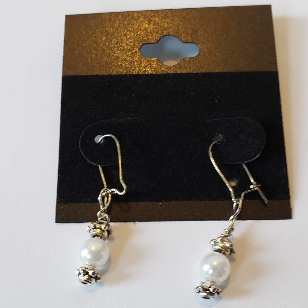 Silver Tone With Large Pearl Bead Dangle Drop Earrings